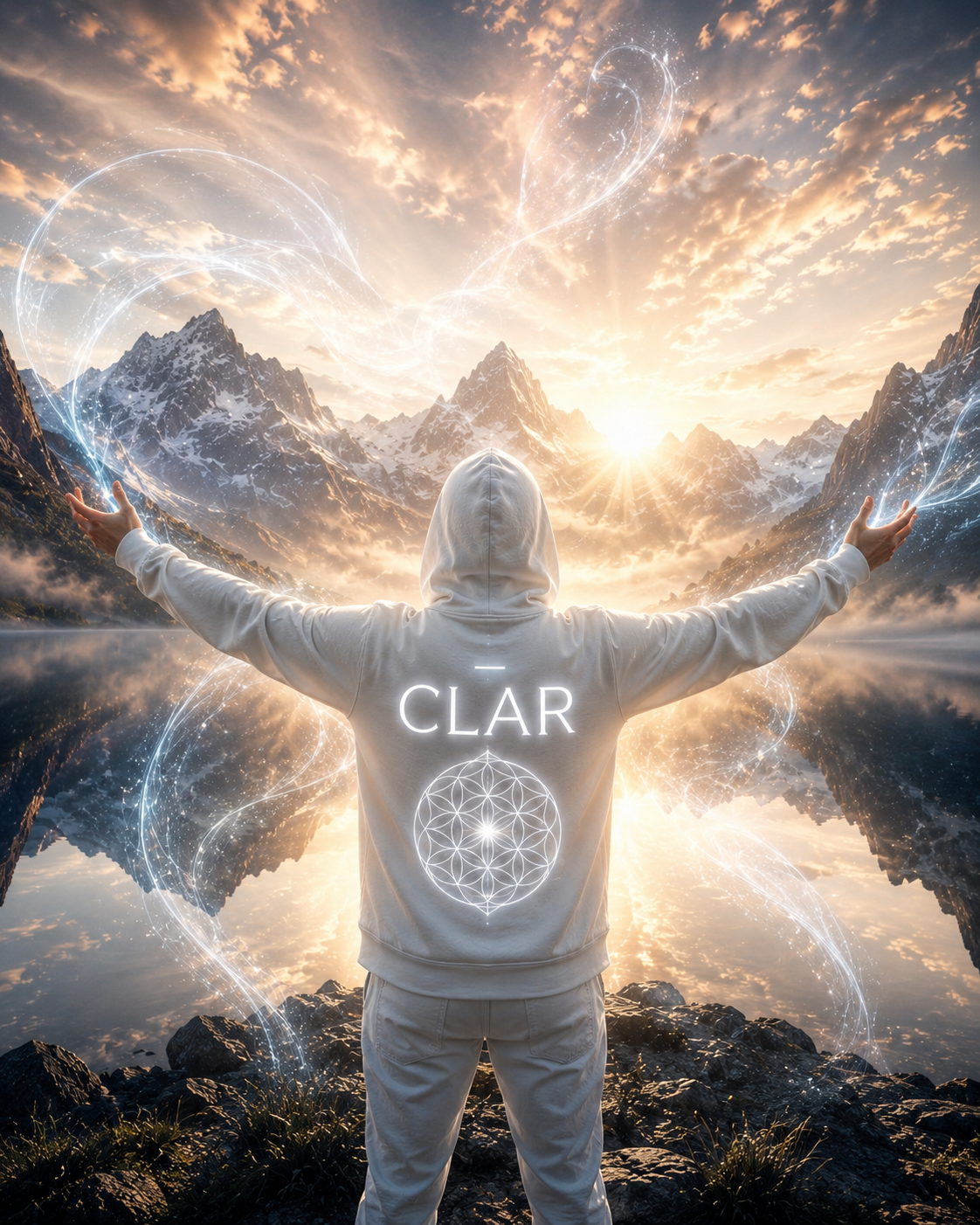 CLÃR mit ausgestreckten Armen vor Bergsee und Sonnenaufgang